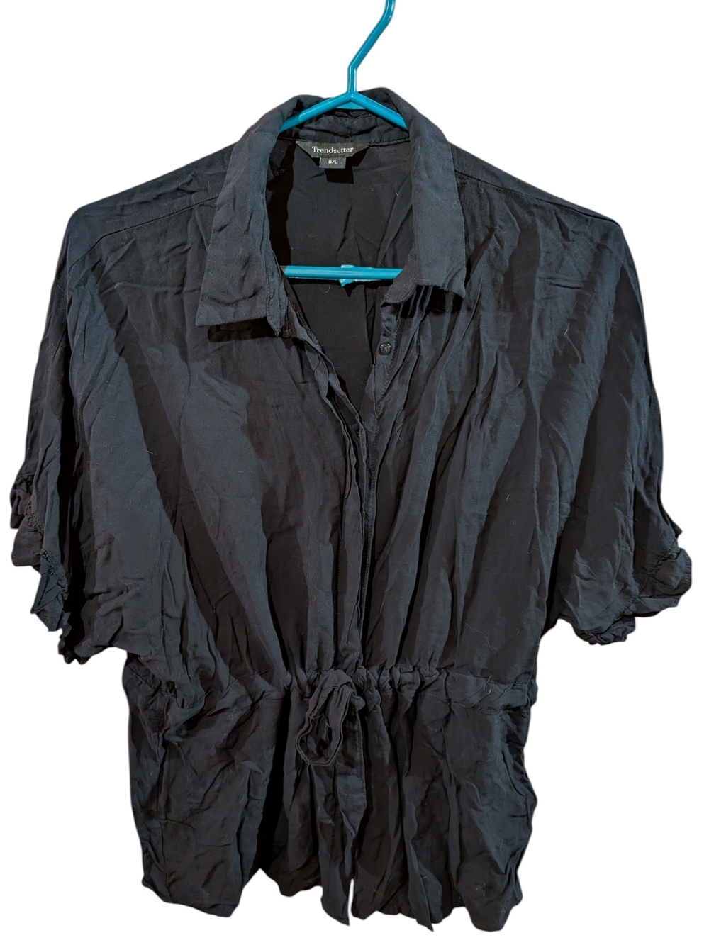 Black Drawstring Waist Button-Front Blouse